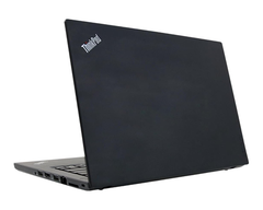 Lenovo Thinkpad T480 laptop with a black color scheme, displaying a picture of a flower on the screen, showing the top half of the laptop with the keyboard and screen.